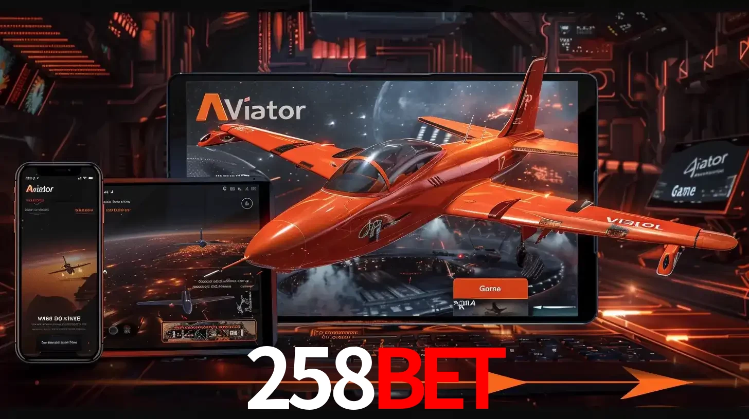 Apresentação tecnológica do jogo Aviator com um avião saindo da tela de um tablet, demonstrando a experiência imersiva em múltiplos dispositivos no 258BET.