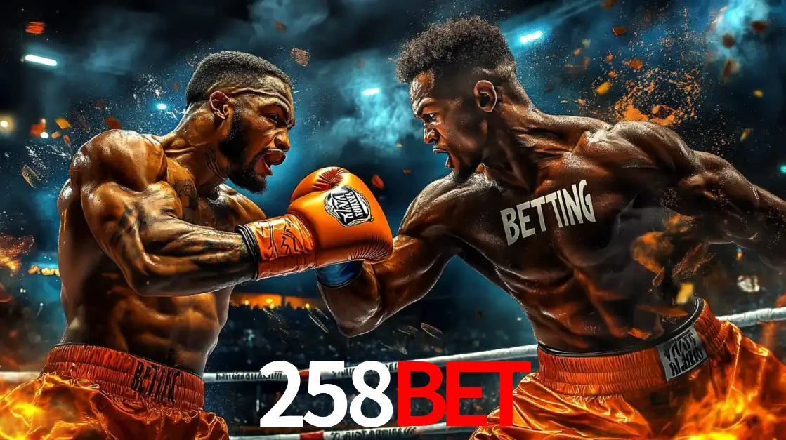 Dois boxeadores em uma luta intensa e explosiva, representando a adrenalina e as oportunidades de apostas em esportes de combate disponíveis na plataforma 258BET.