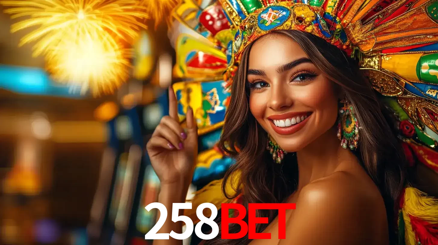 Mulher sorridente com um cocar de carnaval vibrante e colorido, celebrando uma grande vitória nos jogos do cassino 258BET com fogos de artifício ao fundo.