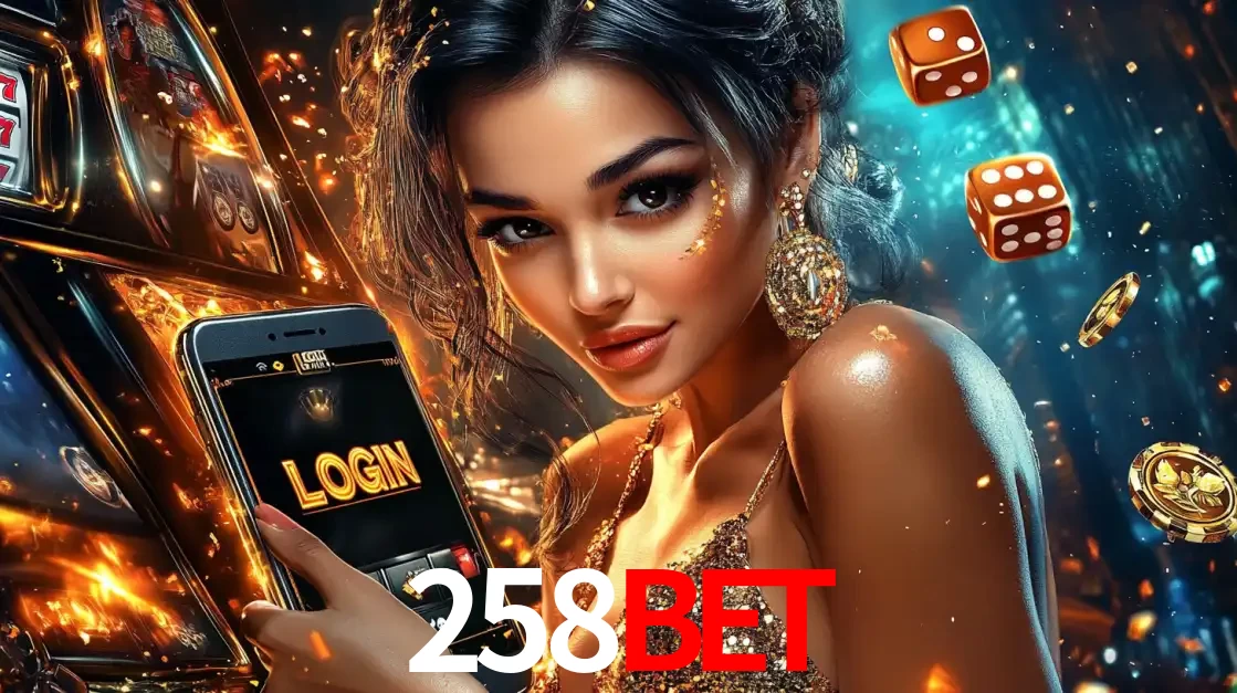 Mulher glamourosa segurando um celular com a tela de login do cassino 258BET, rodeada por dados e moedas douradas, pronta para começar a diversão.