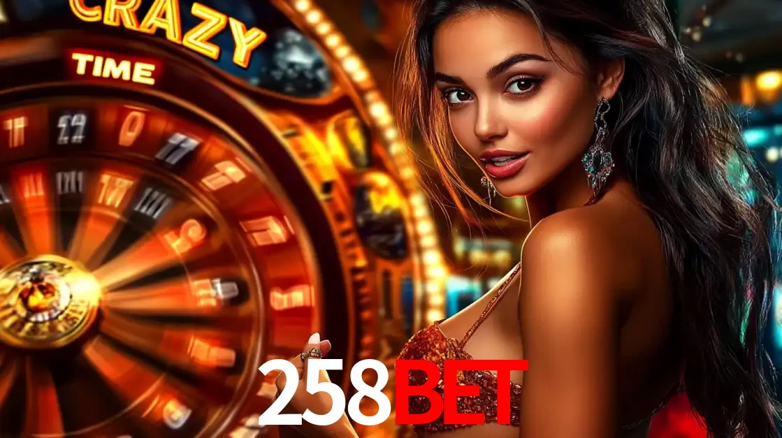 Mulher ao lado da roda de prêmios do jogo de cassino ao vivo Crazy Time, um dos shows de jogos mais emocionantes oferecidos pela plataforma de apostas 258BET.