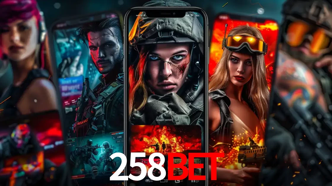 Montagem de telas de celular mostrando diversos personagens, masculinos e femininos, de um jogo de tiro, ilustrando a diversidade de equipes de e-sports para apostar no 258BET.