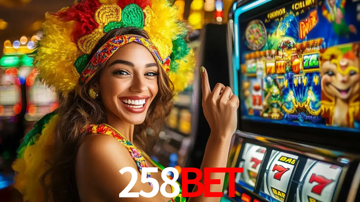 Mulher animada com um cocar de carnaval apontando para uma máquina de caça-níqueis, mostrando a emoção de ganhar um grande prêmio nos jogos do 258BET.