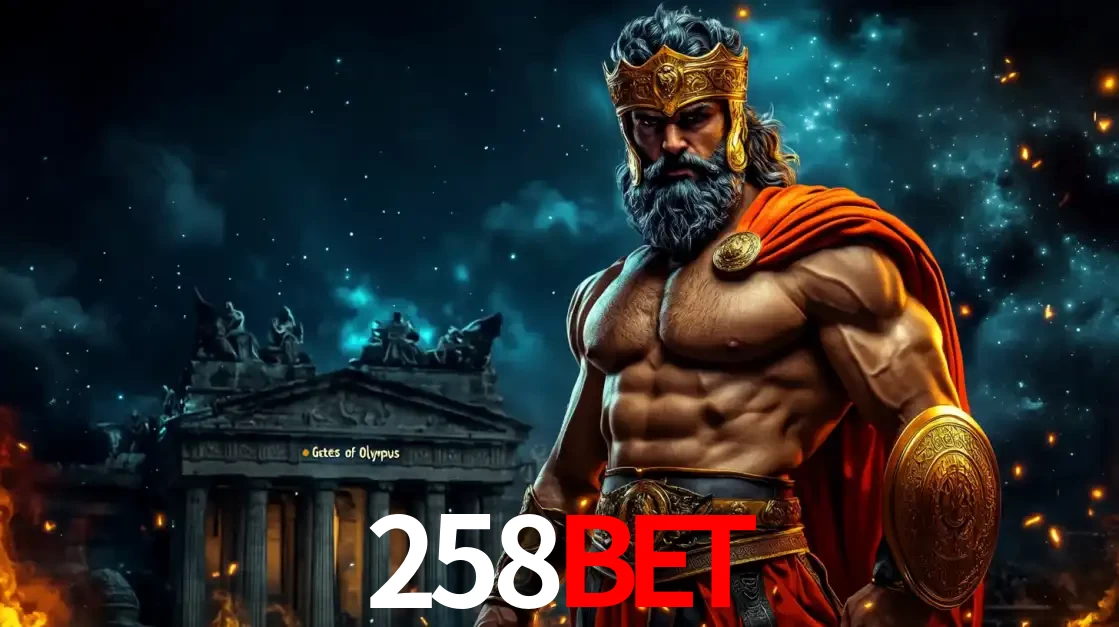 O poderoso Zeus do jogo de slot Gates of Olympus em frente ao seu templo, pronto para lançar multiplicadores divinos e prêmios épicos no cassino online 258BET.