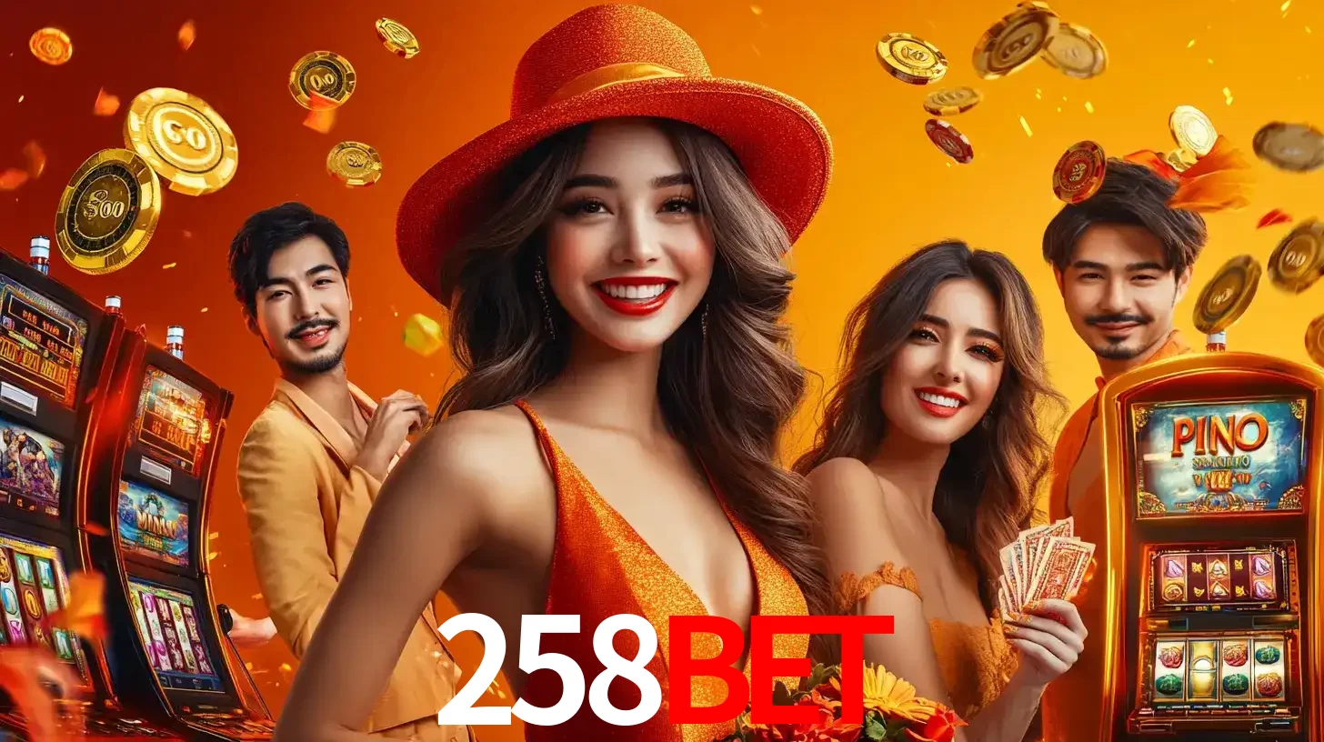 Grupo de amigos asiáticos sorrindo e se divertindo com máquinas de caça-níqueis em um ambiente festivo, celebrando suas vitórias nos jogos de cassino do 258BET.
