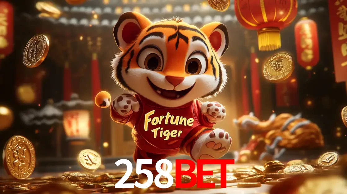 O alegre personagem do Fortune Tiger correndo sobre um caminho de moedas de ouro, simbolizando os grandes prêmios e a diversão do popular jogo de slot do 258BET.
