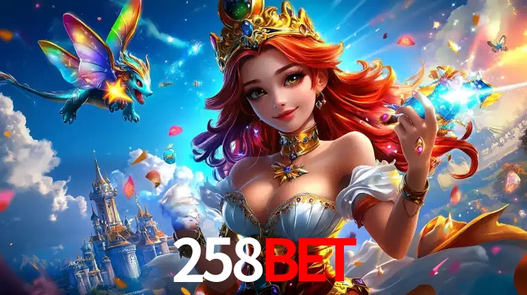 A princesa de um reino de fantasia mágico, com seu pequeno dragão, apresentando um mundo de prêmios encantados nos jogos de caça-níqueis do cassino 258BET.