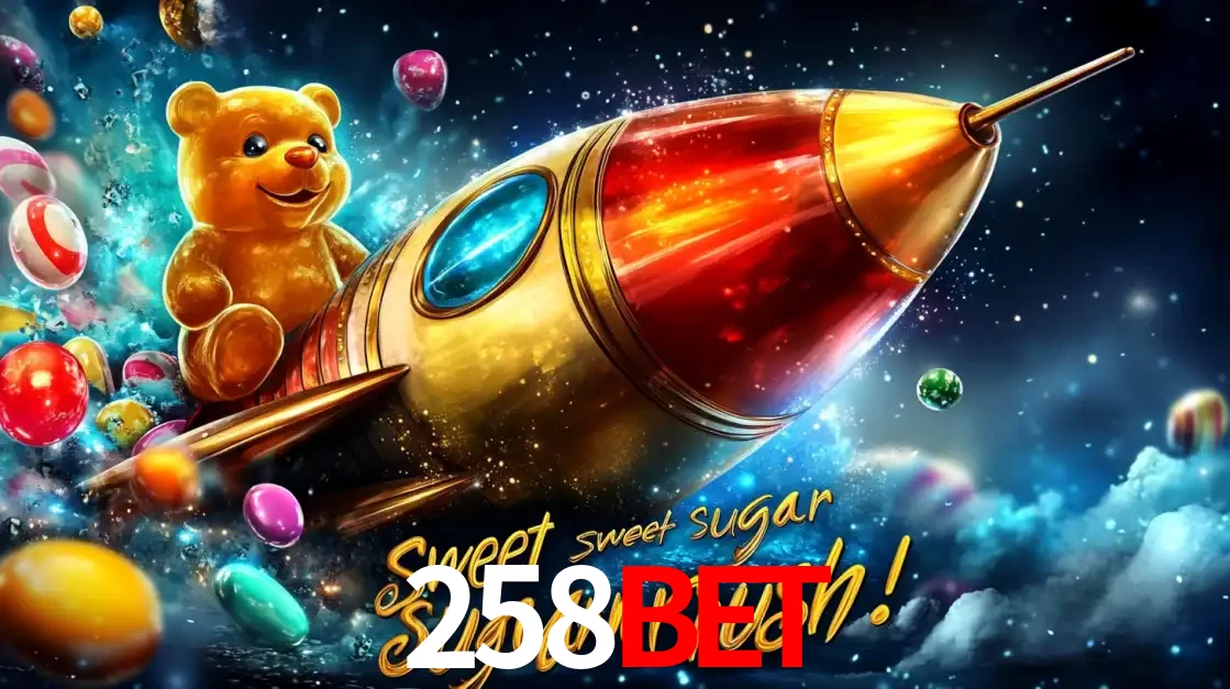 Arte promocional do jogo de slot Sugar Rush, com um urso de pelúcia em um foguete viajando pelo espaço de doces, um dos jogos divertidos disponíveis no cassino 258BET.