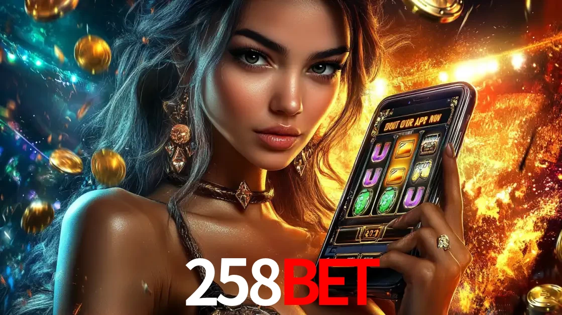 Mulher elegante mostrando um jogo de caça-níqueis em seu smartphone, destacando a experiência de cassino móvel oferecida pelo aplicativo 258BET.