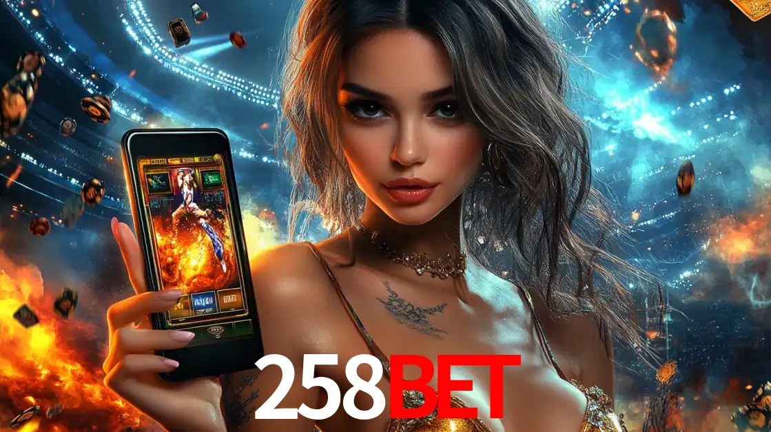 Mulher segurando um celular com um jogo de slot em destaque, tendo como fundo um estádio vibrante, simbolizando a emoção de jogar no cassino móvel 258BET.