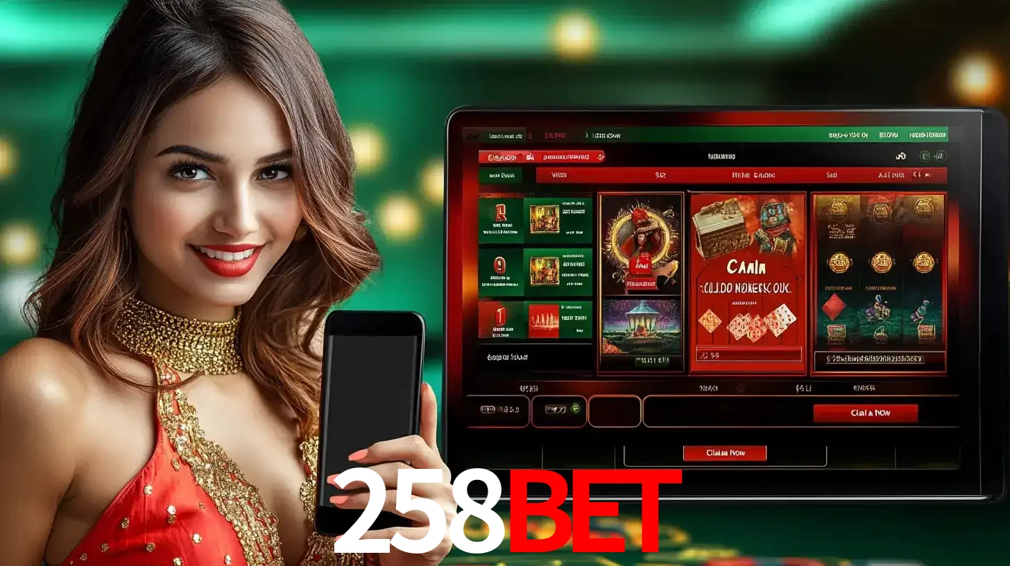 Mulher sorridente segurando um smartphone, ao lado de uma tela exibindo o lobby de jogos do cassino online 258BET, com várias opções de jogos de cartas e slots.
